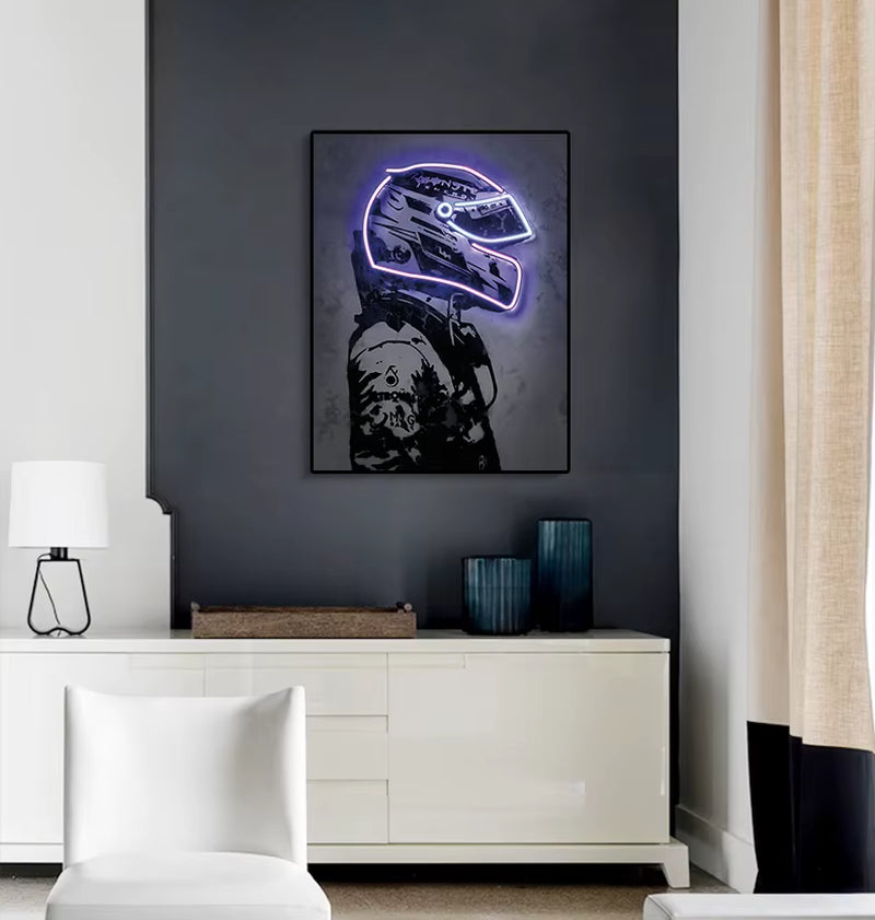 Neon Design Racing Car Driver Helmet Poster Canvas Painting F1 Hamilton Wall Art for Modern Living Room Home Decoration No LED