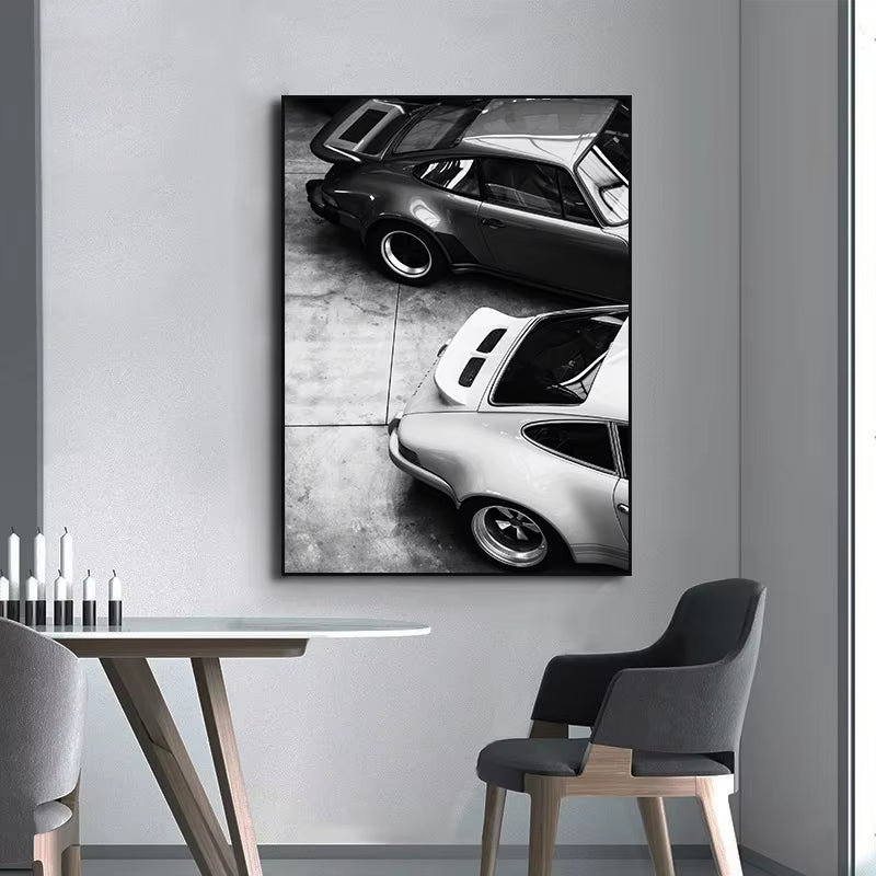 Black and white classic car posters