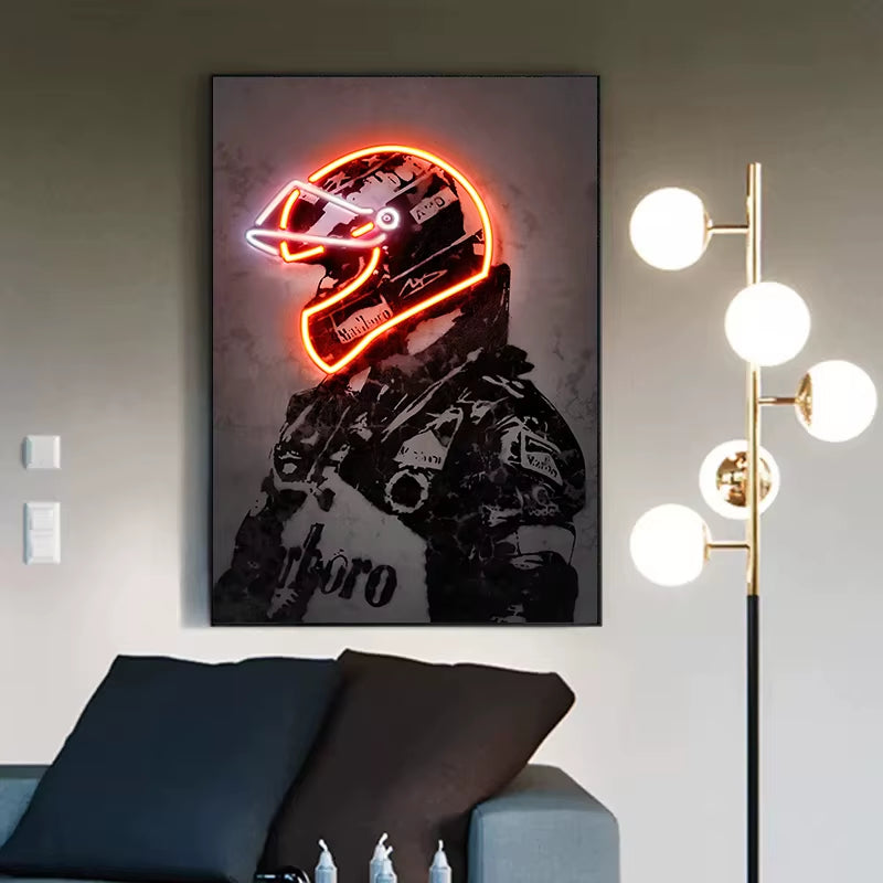 Neon Design Racing Car Driver Helmet Poster Canvas Painting F1 Hamilton Wall Art for Modern Living Room Home Decoration No LED