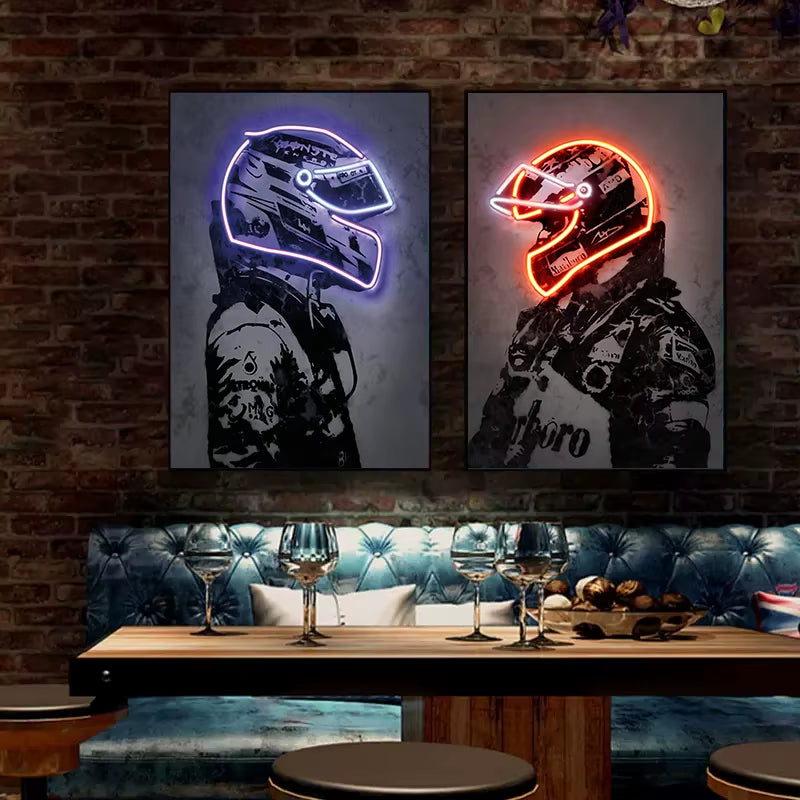 Neon Design Racing Car Driver Helmet Poster Canvas Painting F1 Hamilton Wall Art for Modern Living Room Home Decoration No LED