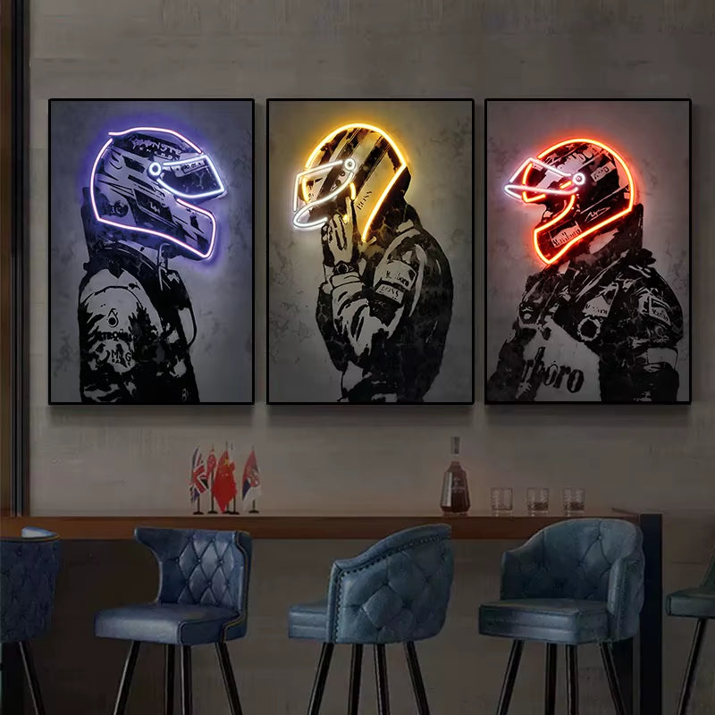 Neon Design Racing Car Driver Helmet Poster Canvas Painting F1 Hamilton Wall Art for Modern Living Room Home Decoration No LED