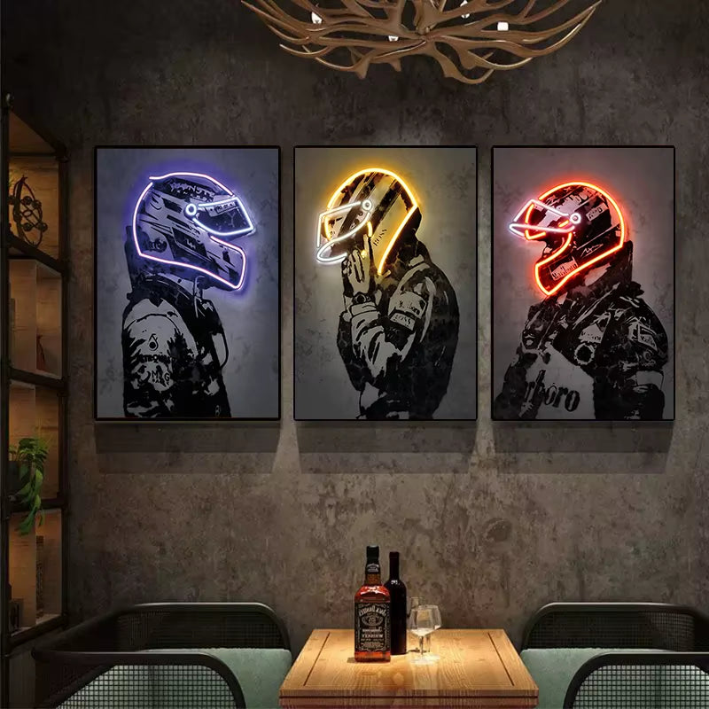 Neon Design Racing Car Driver Helmet Poster Canvas Painting F1 Hamilton Wall Art for Modern Living Room Home Decoration No LED